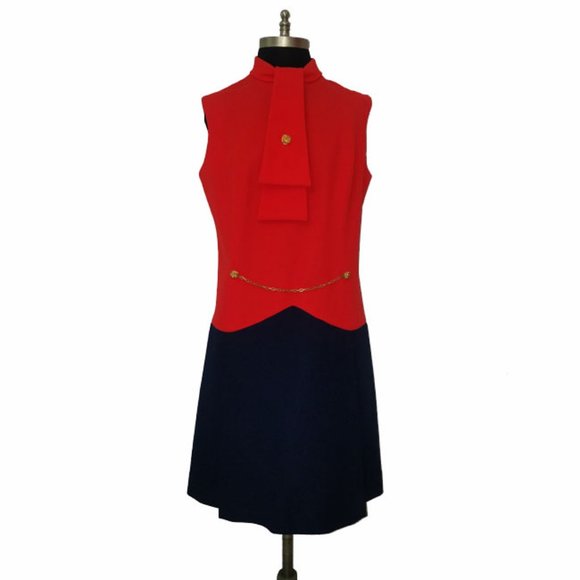 Vtg 70s Ascot Drop Waist Pleated Dress M - Picture 1 of 6